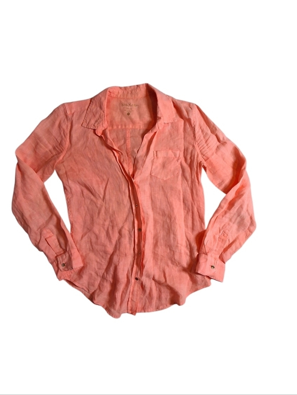 Lilly Pulitzer 100% Linen Long Sleeve Button Down Shirt Size XS Peach Pink Beach
